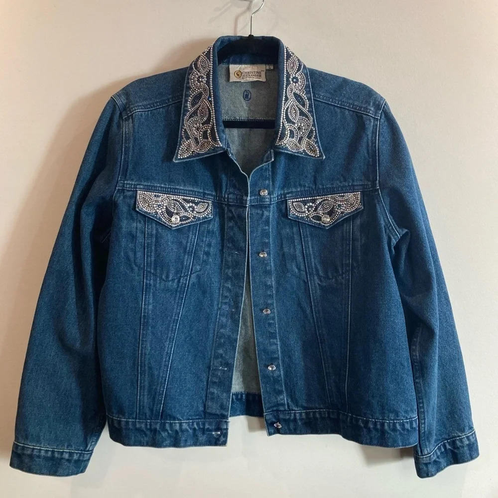 CHRISTINE ALEXANDER Sz L Studded Collar & Pocket Flaps Mid-Wash Denim Jacket